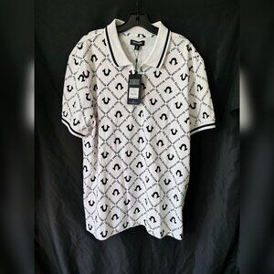 $79 NWT True Religion Size L Color White Zip AOP Relaxed Polo